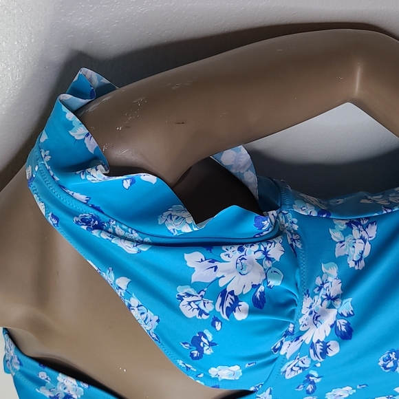 One Piece Bathing Suit Size Large Floral Print Turquoise White Ruffle Swimsuit - Picture 2 of 4